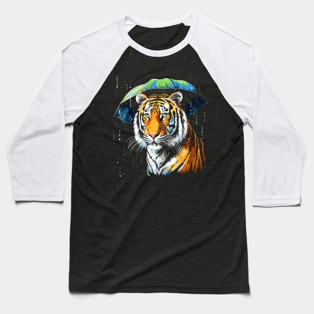 Siberian Tiger Rainy Day With Umbrella Baseball T-Shirt by JH Mart